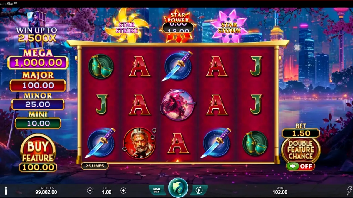 Tampilan layar permainan slot Assassin Star dengan tema neon Jepang dan simbol shuriken.