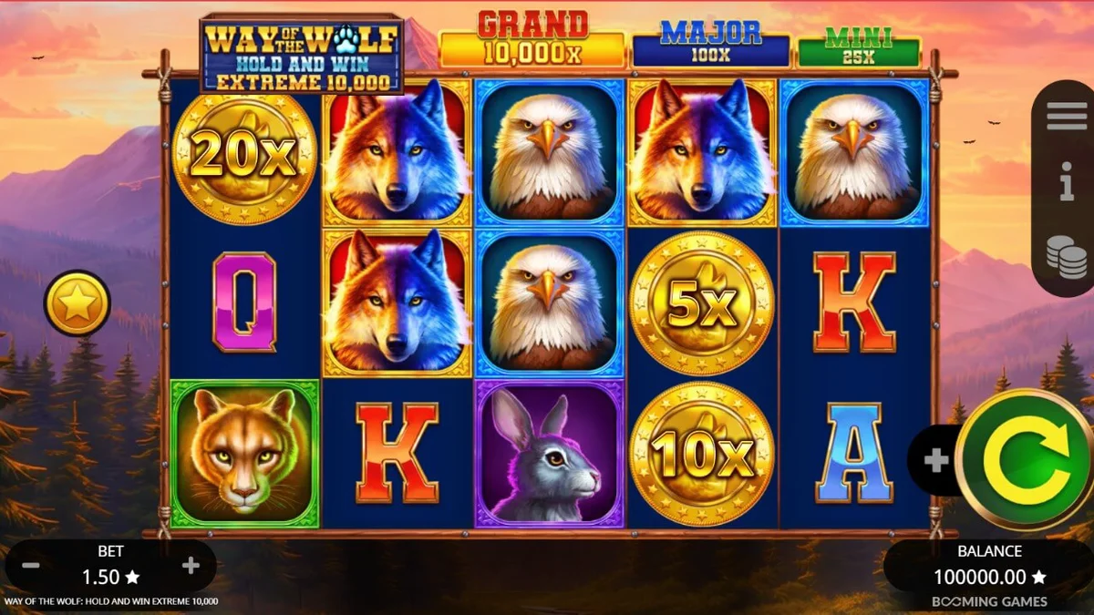 Way of the Wolf Hold and Win Extreme 10,000 slot machine interface