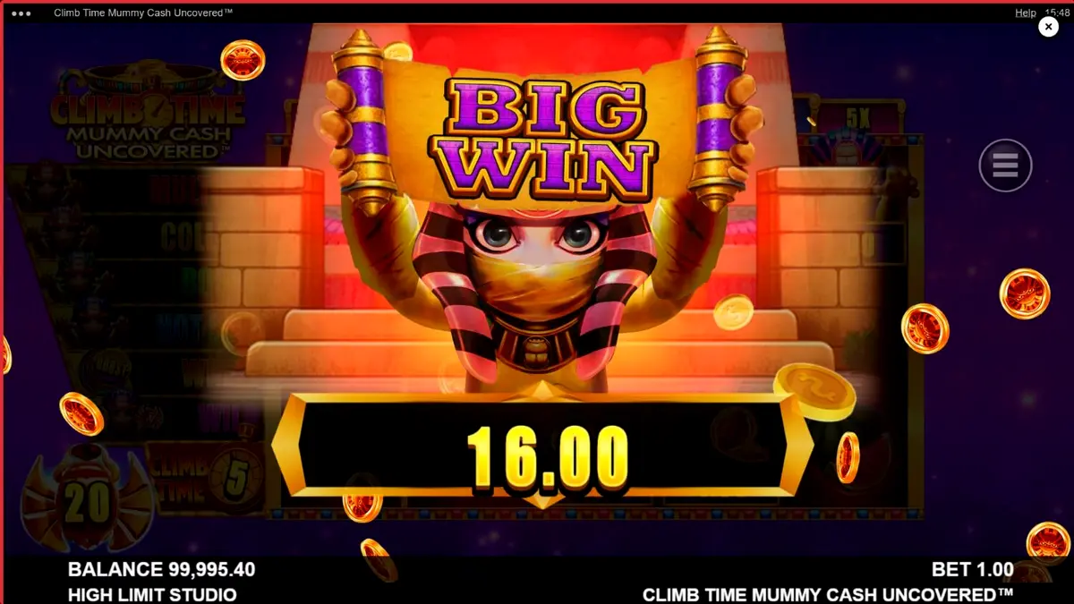 Tampilan visual slot Climb Time Mummy Cash Uncovered dengan latar belakang Mesir malam hari