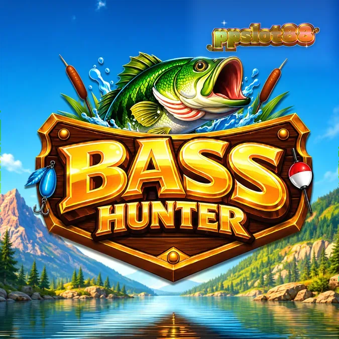 Tampilan layar permainan slot Bass Hunter dengan simbol ikan dan pemandangan danau